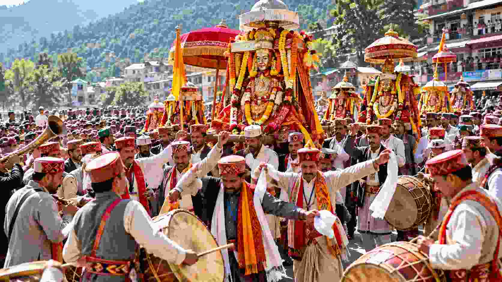 कुल्लू दशहरा की जलेब यात्रा में पारंपरिक वेशभूषा में नृत्य करते देवलु और देव रथों की सांकेतिक तस्वीर
